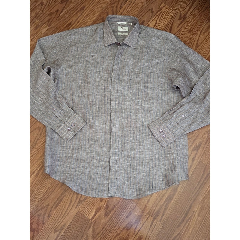 Wills Classic Mens Pure Linen Striped Button Down Shirt Brown Blue Reg Fit 44